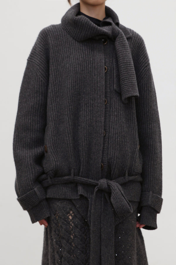 NAN KNITS 25 Autumn and Winter Ribbon Collar Slant Lapel Jacket NAN-N25AWCOA07GRA-SHENHUI Dark Gray